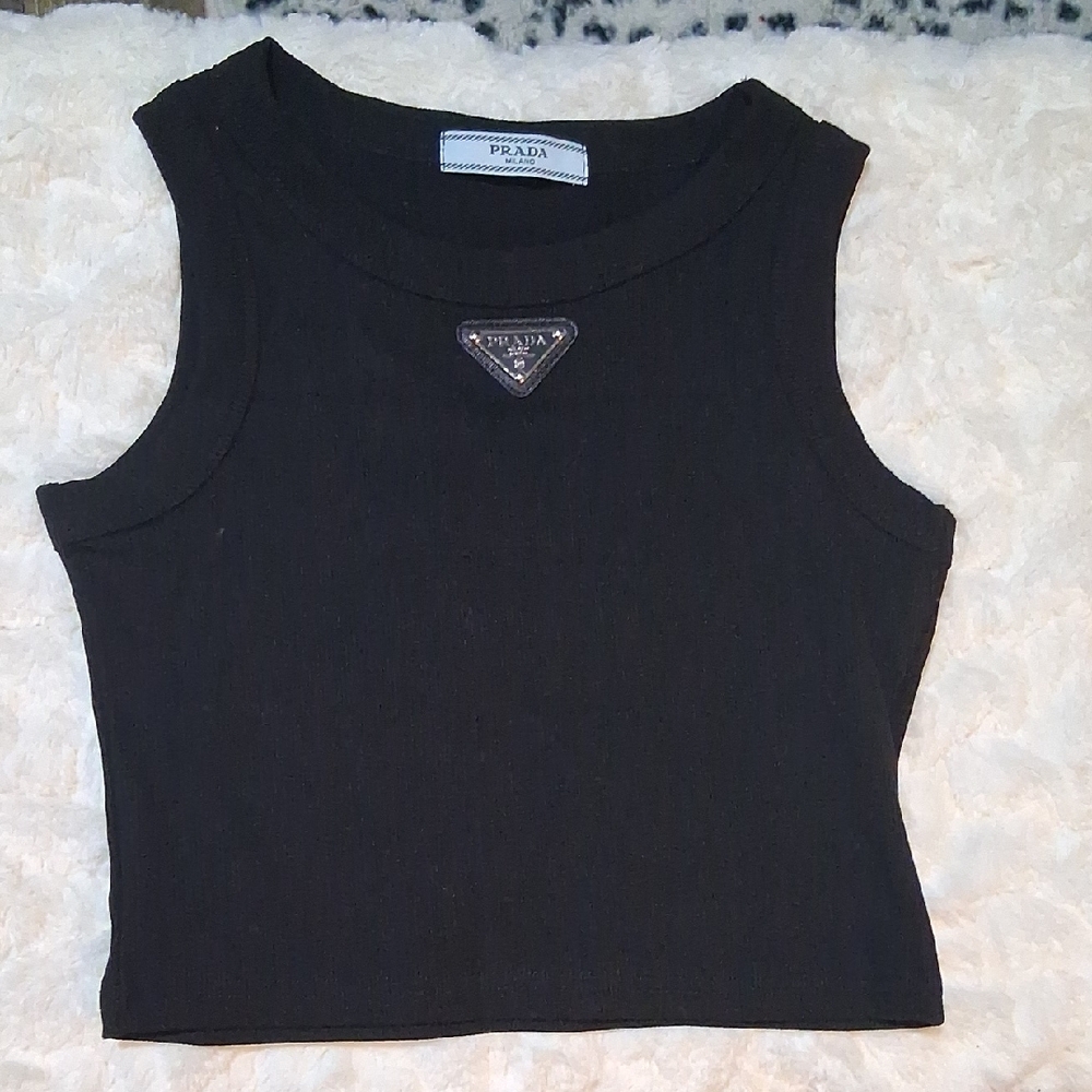 NWOT Womens Prada Black Ribbed Tank Top Crop Top
